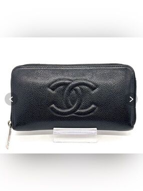 Authentic CHANEL Black Caviar Leather Zip-Around Wallet with Embossed CC
